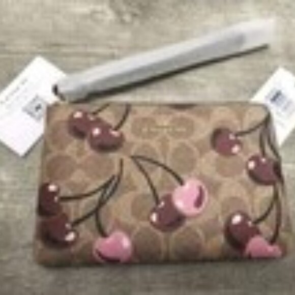 Coach Corner Zip Wristlet In Signature Canvas with Cherry Print - Tan *NWT* - Picture 3 of 6